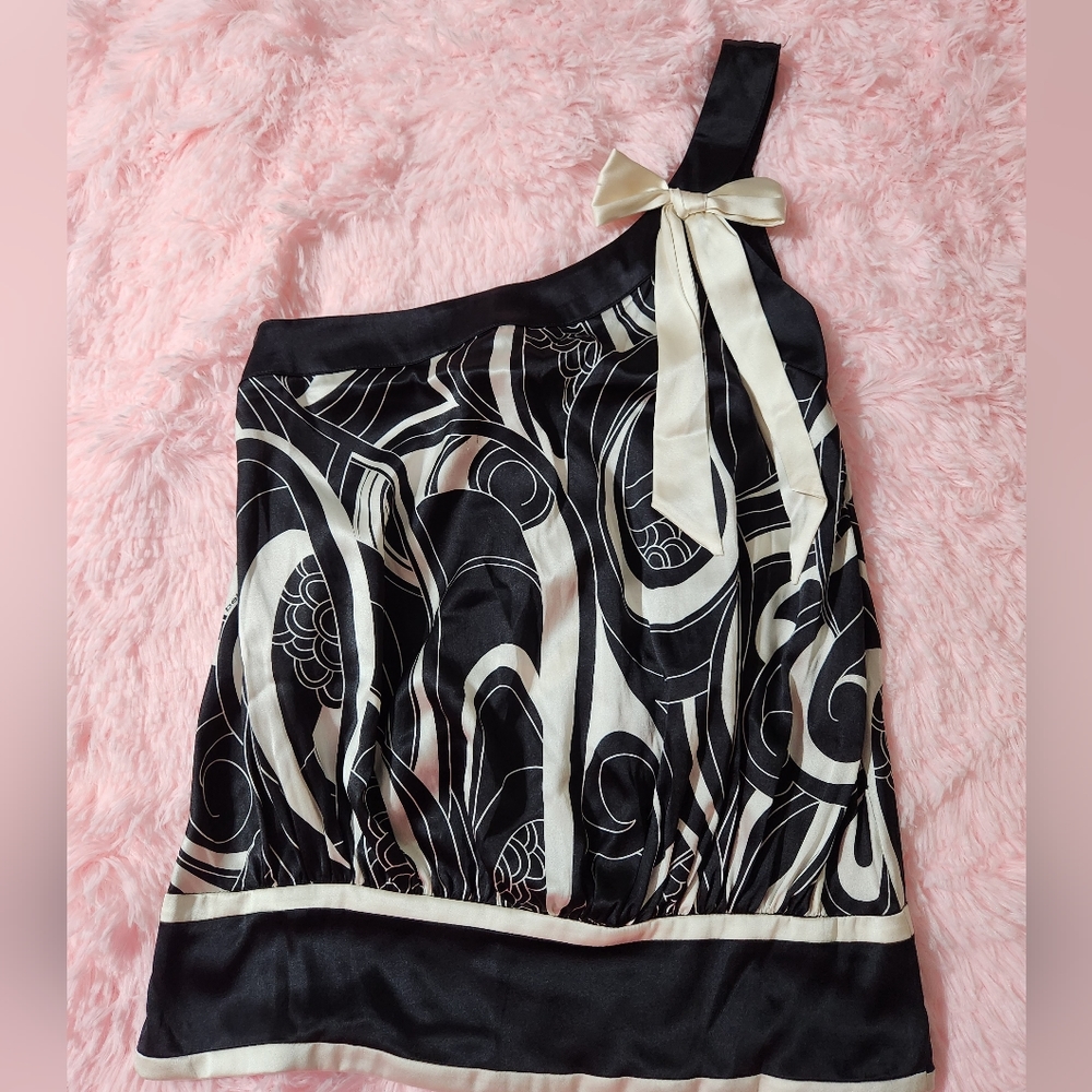 Bebe Black and White One Shoulder Bow Embellished Silk Blouse